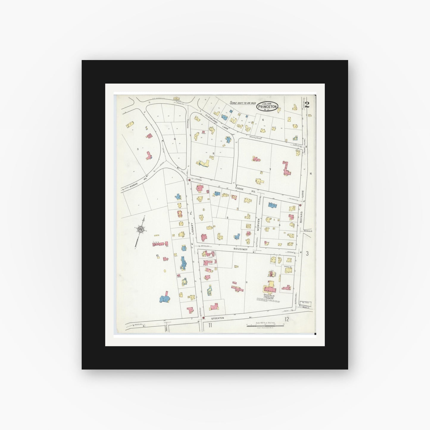 Old map wall art mockup — black gallery frame with white mat — Sanborn Fire Insurance Map from Princeton, Mercer County, New Jersey (1918), Sheet #0002
