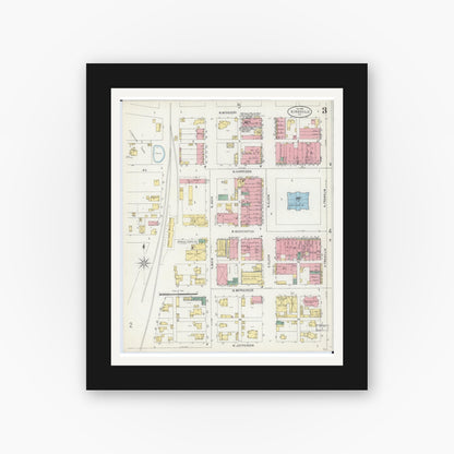 Old map wall art mockup — black gallery frame with white mat — Sanborn Fire Insurance Map from Kirksville, Adair County, Missouri (1898), Sheet #0003