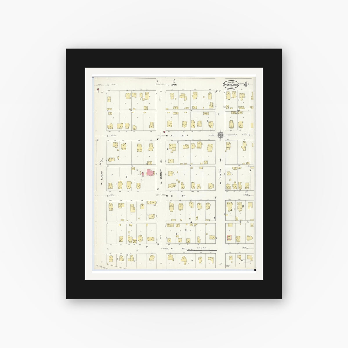 Old map wall art mockup — black gallery frame with white mat — Sanborn Fire Insurance Map from Monmouth, Warren County, Illinois (1913), Sheet #0004