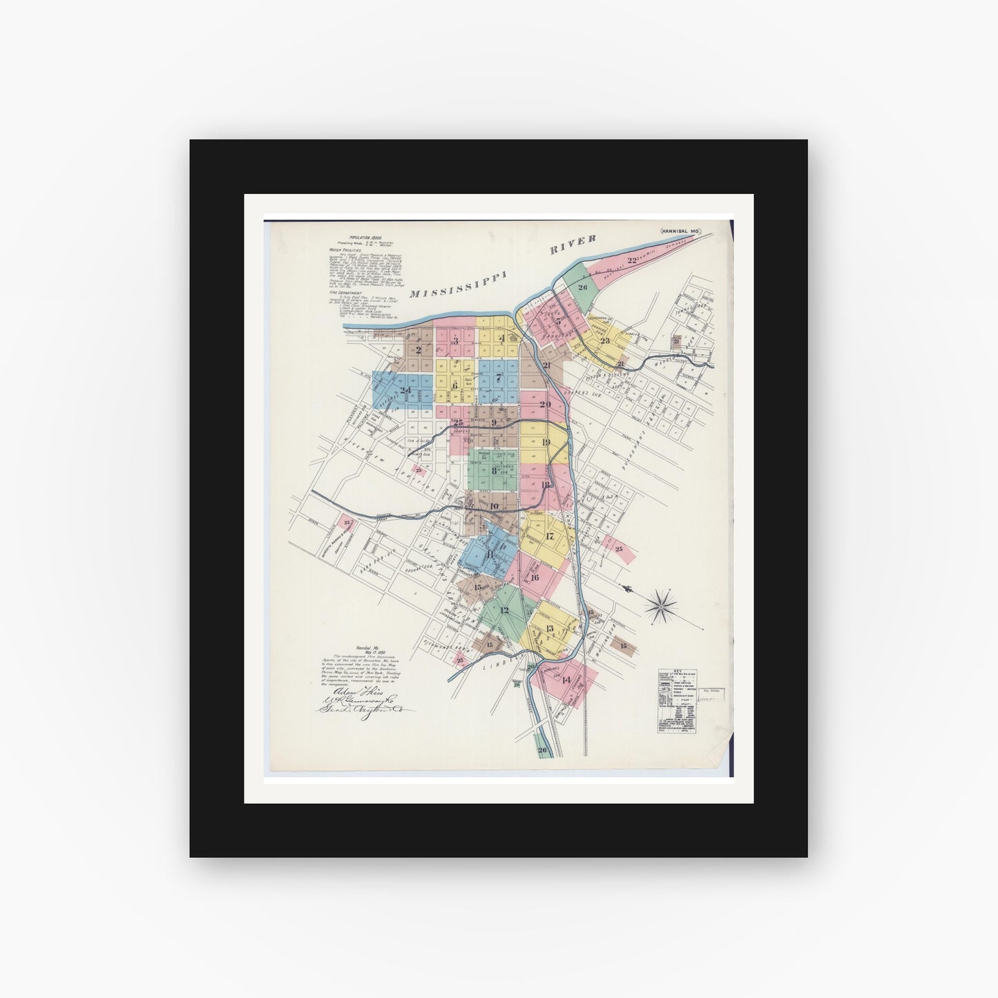 Old map wall art mockup — black gallery frame with white mat — Sanborn Fire Insurance Map from Hannibal, Marion County, Missouri (1890) - Complete Map Set