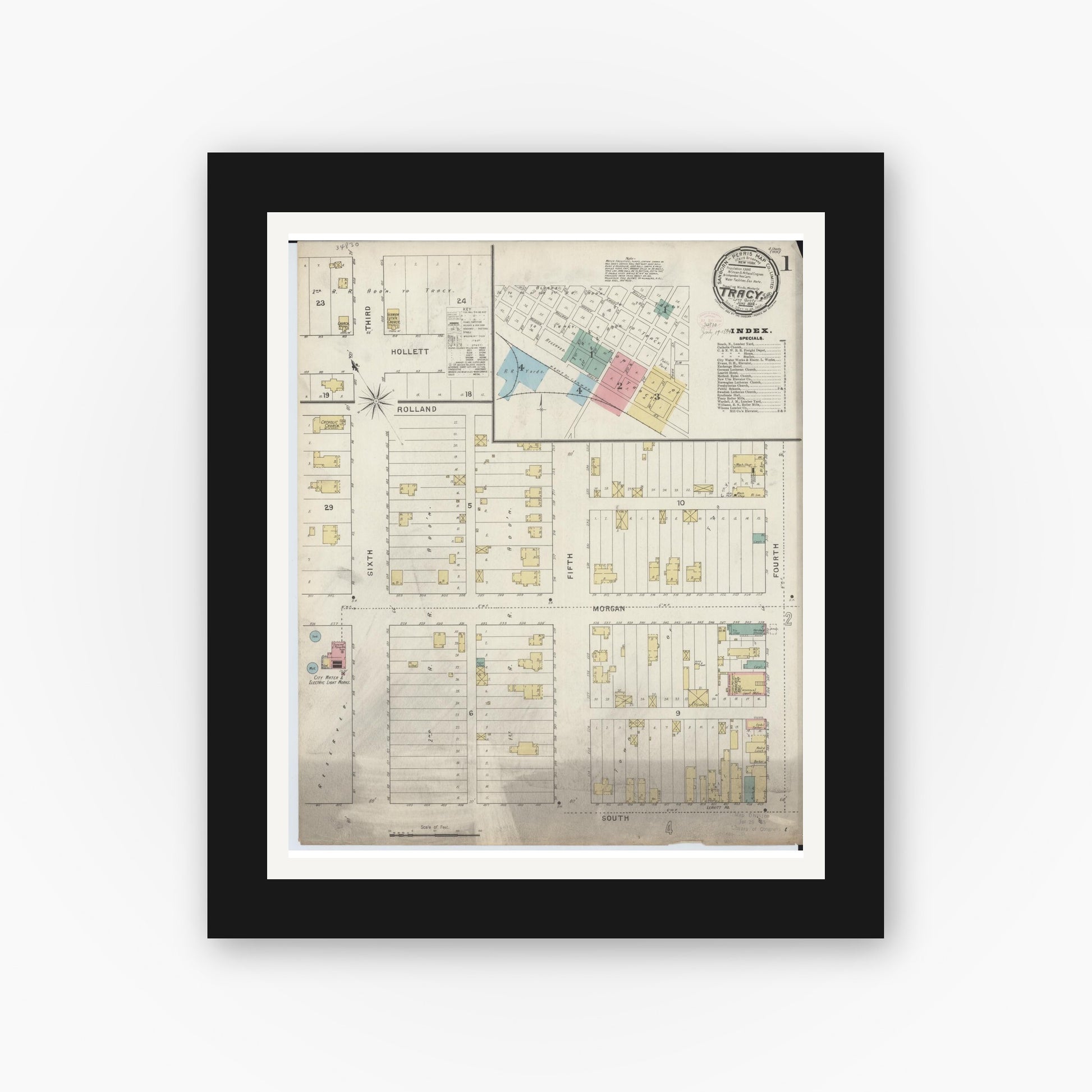 Old map wall art mockup — black gallery frame with white mat — Sanborn Fire Insurance Map from Tracy, Lyon County, Minnesota (1894), Sheet #0001