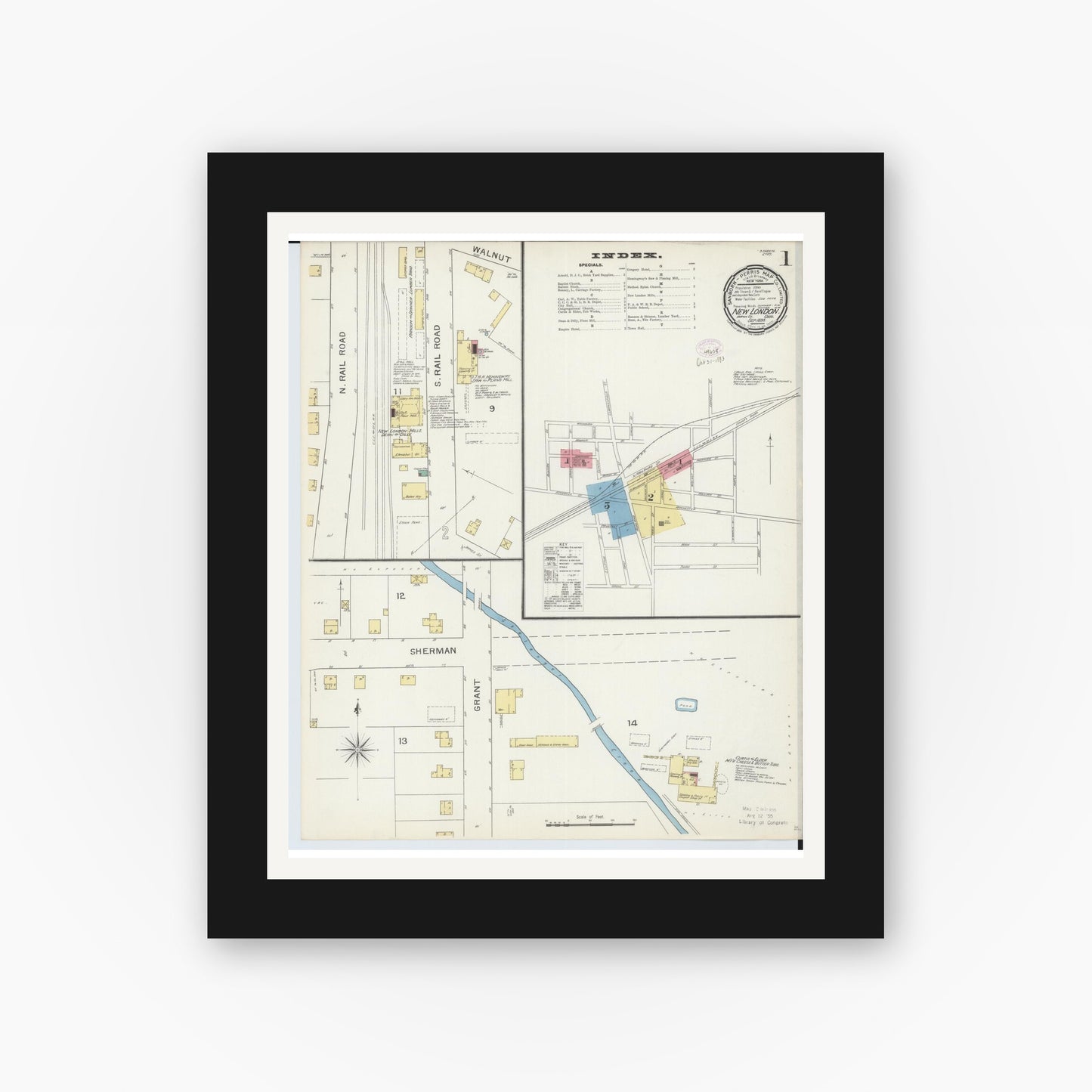 Old map wall art mockup — black gallery frame with white mat — Sanborn Fire Insurance Map from New London, Huron County, Ohio (1893) - Complete Map Set