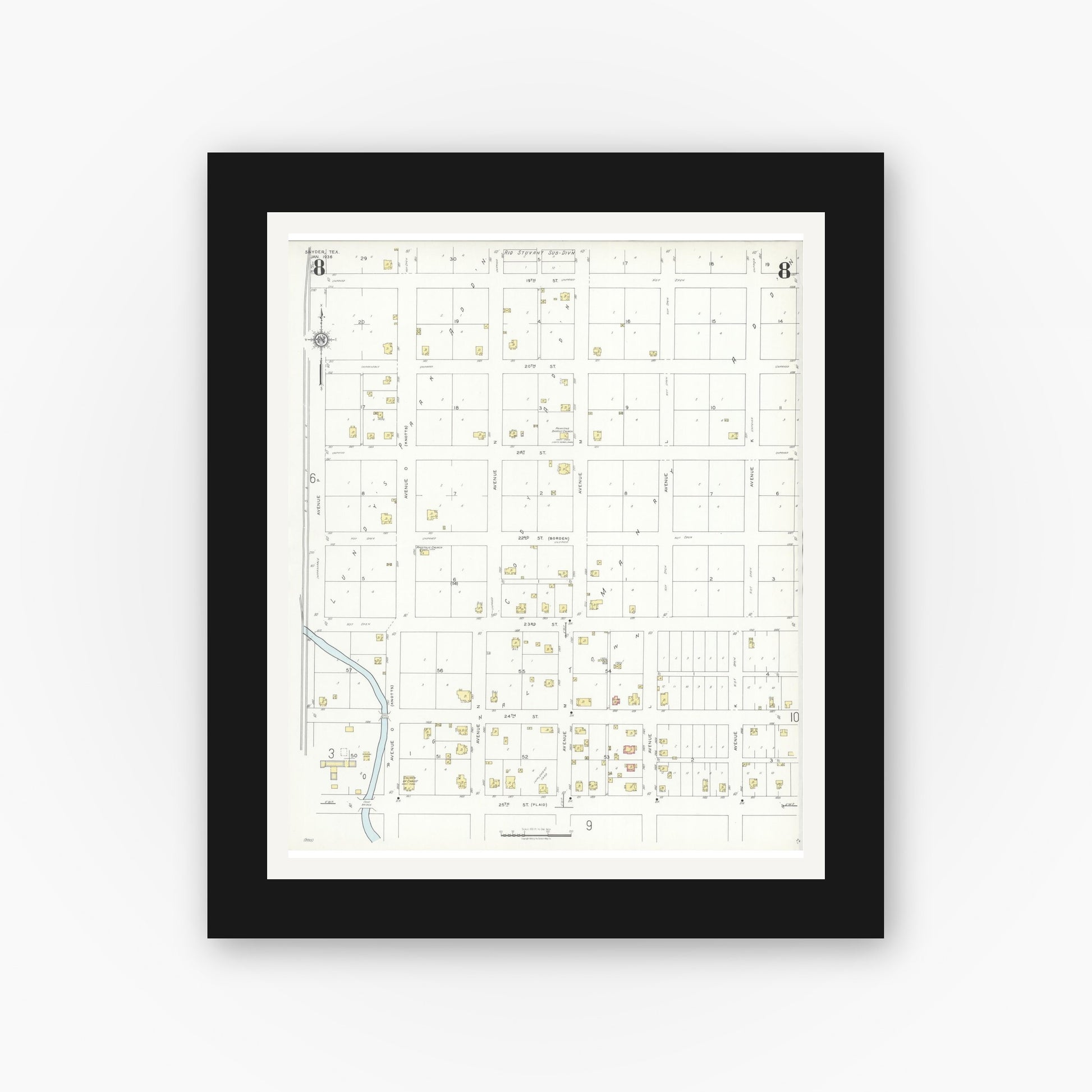 Old map wall art mockup — black gallery frame with white mat — Sanborn Fire Insurance Map from Snyder, Scurry County, Texas (1936), Sheet #0008