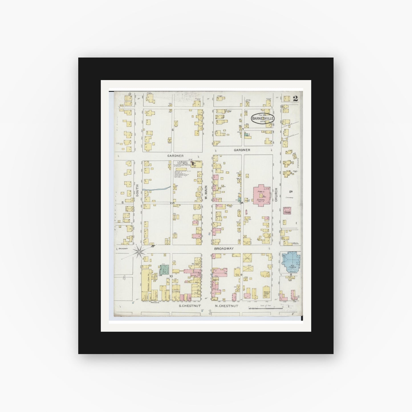 Old map wall art mockup — black gallery frame with white mat — Sanborn Fire Insurance Map from Barnesville, Belmont County, Ohio (1893), Sheet #0002