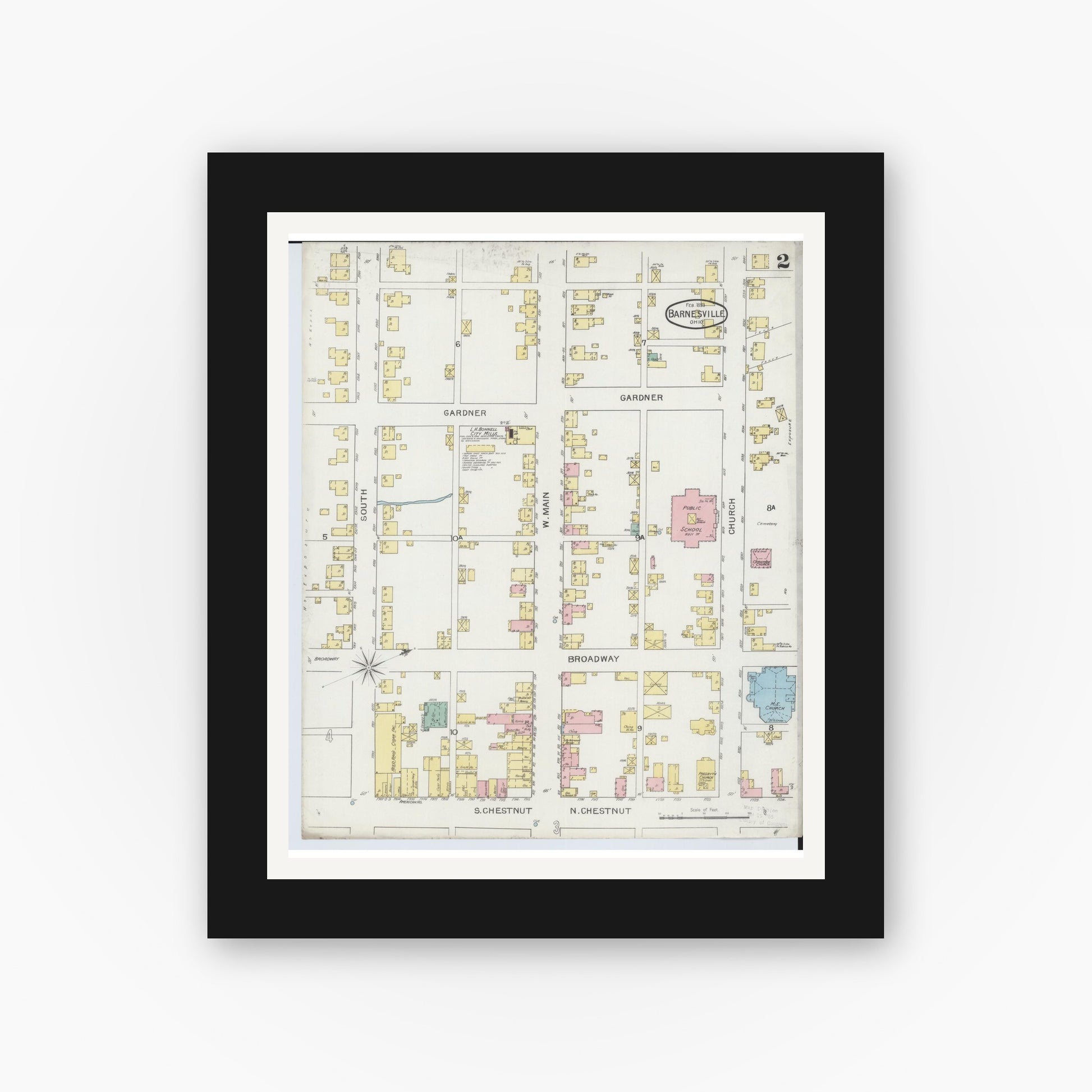 Old map wall art mockup — black gallery frame with white mat — Sanborn Fire Insurance Map from Barnesville, Belmont County, Ohio (1893), Sheet #0002