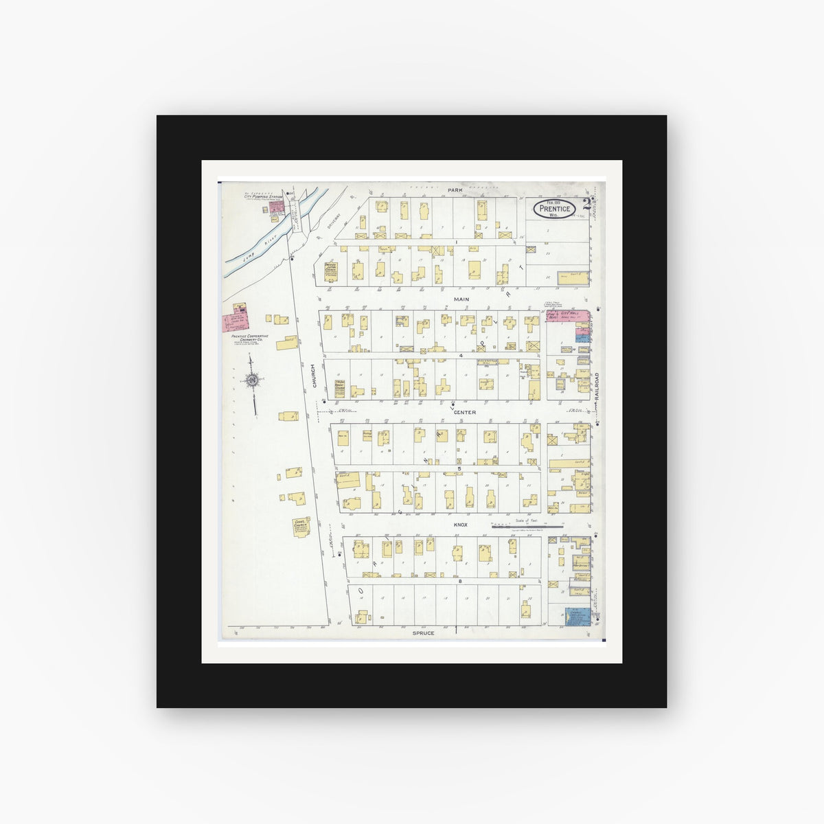 Old map wall art mockup — black gallery frame with white mat — Sanborn Fire Insurance Map from Prentice, Price County, Wisconsin (1919), Sheet #0002