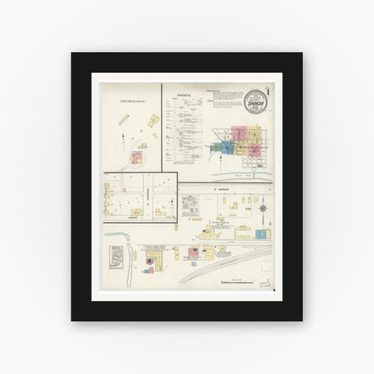 Old map wall art mockup — black gallery frame with white mat — Sanborn Fire Insurance Map from Spencer, Owen County, Indiana (1912) - Complete Map Set