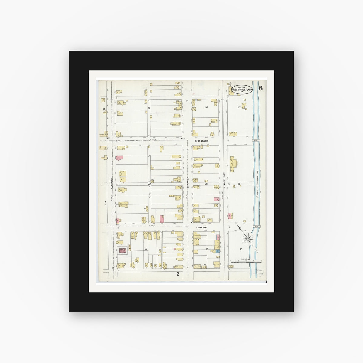 Old map wall art mockup — black gallery frame with white mat — Sanborn Fire Insurance Map from Northumberland, Northumberland County, Pennsylvania (1906), Sheet #0006
