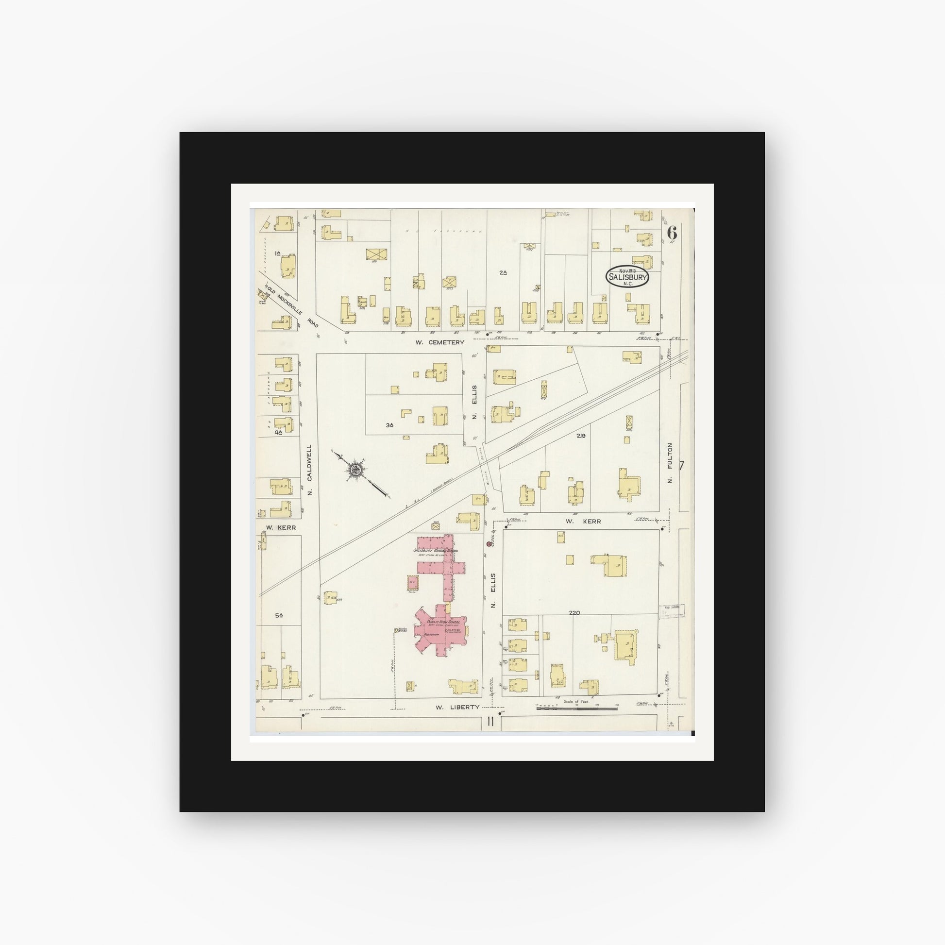 Old map wall art mockup — black gallery frame with white mat — Sanborn Fire Insurance Map from Salisbury, Rowan County, North Carolina (1913), Sheet #0006