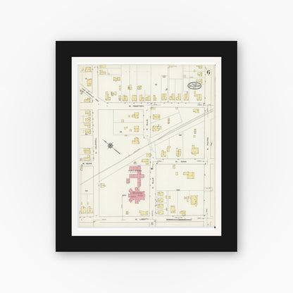 Old map wall art mockup — black gallery frame with white mat — Sanborn Fire Insurance Map from Salisbury, Rowan County, North Carolina (1913), Sheet #0006