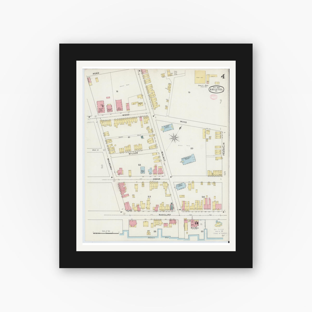 Old map wall art mockup — black gallery frame with white mat — Sanborn Fire Insurance Map from Bristol, Bucks County, Pennsylvania (1894), Sheet #0004