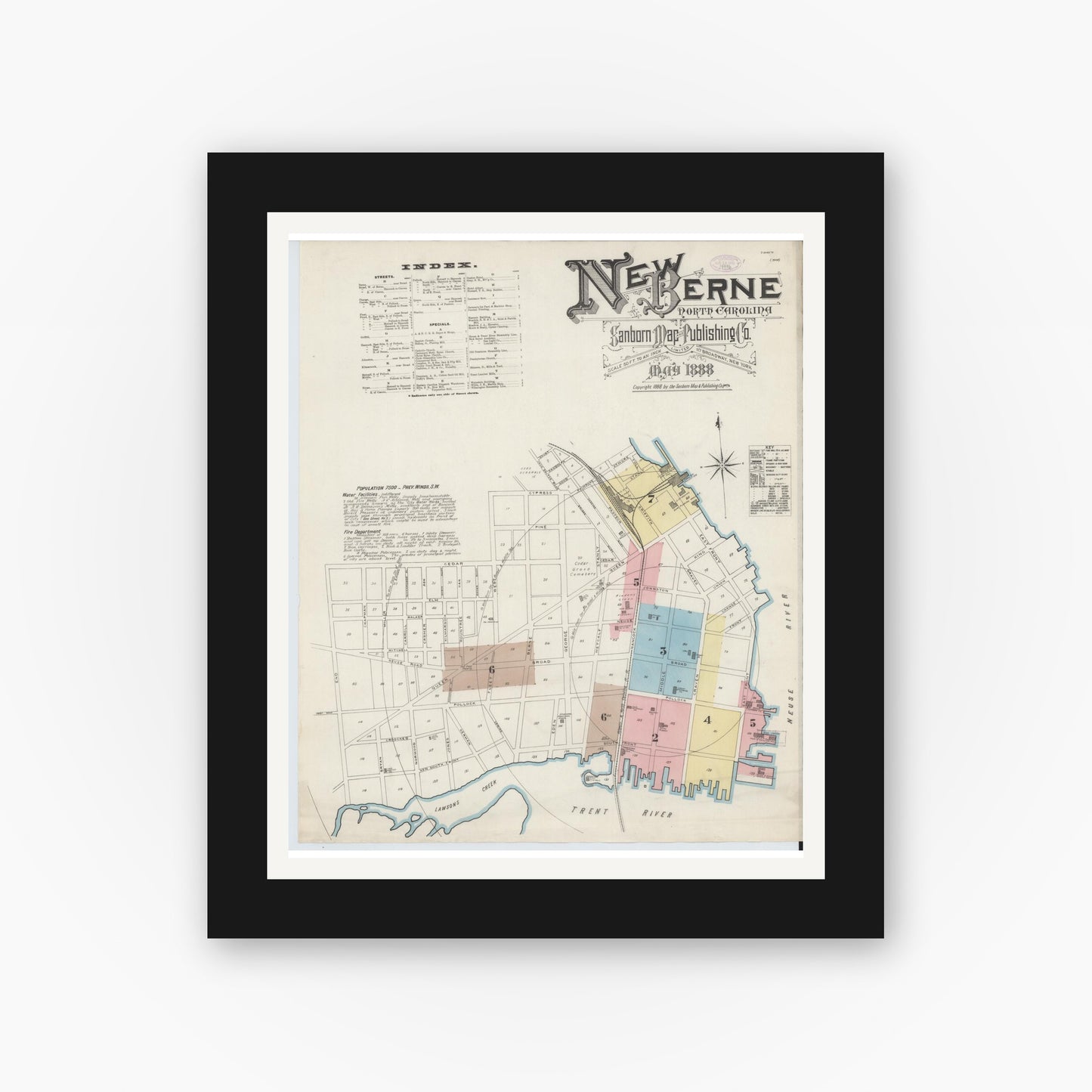 Old map wall art mockup — black gallery frame with white mat — Sanborn Fire Insurance Map from New Bern, Craven County, North Carolina (1888) - Complete Map Set