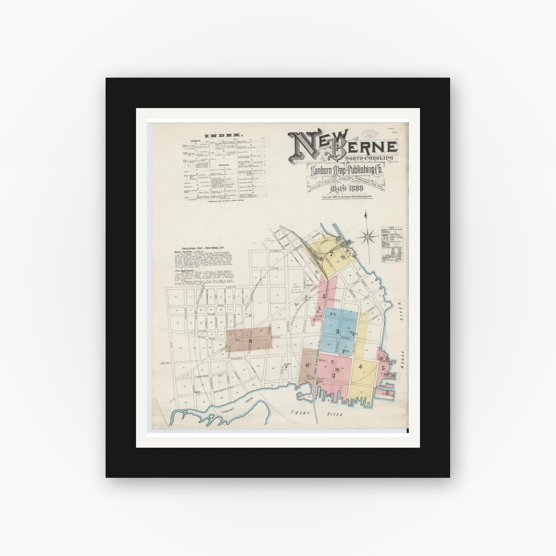 Old map wall art mockup — black gallery frame with white mat — Sanborn Fire Insurance Map from New Bern, Craven County, North Carolina (1888) - Complete Map Set