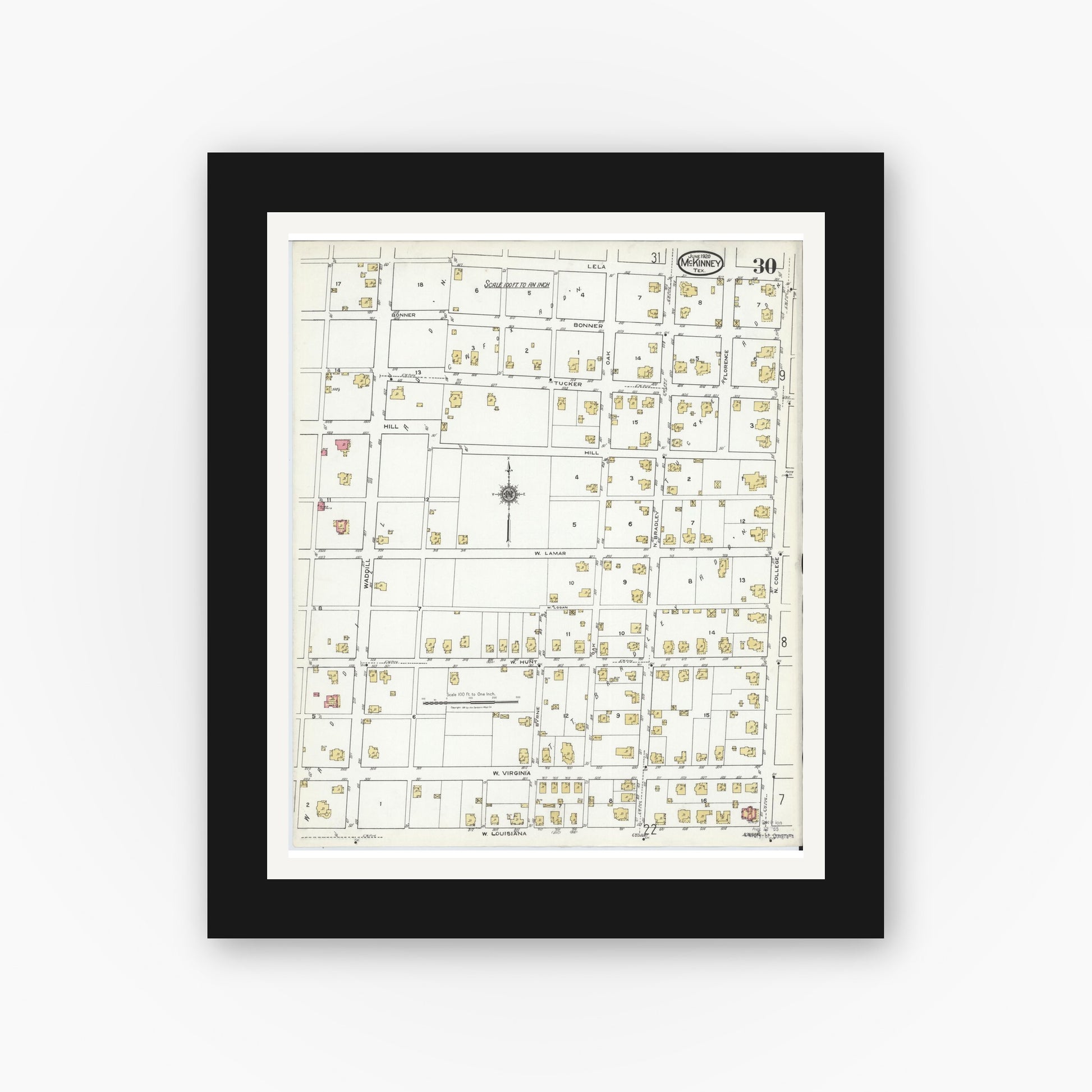 Old map wall art mockup — black gallery frame with white mat — Sanborn Fire Insurance Map from McKinney, Collin County, Texas (1920), Sheet #0030