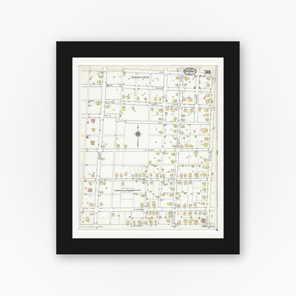 Old map wall art mockup — black gallery frame with white mat — Sanborn Fire Insurance Map from McKinney, Collin County, Texas (1920), Sheet #0030