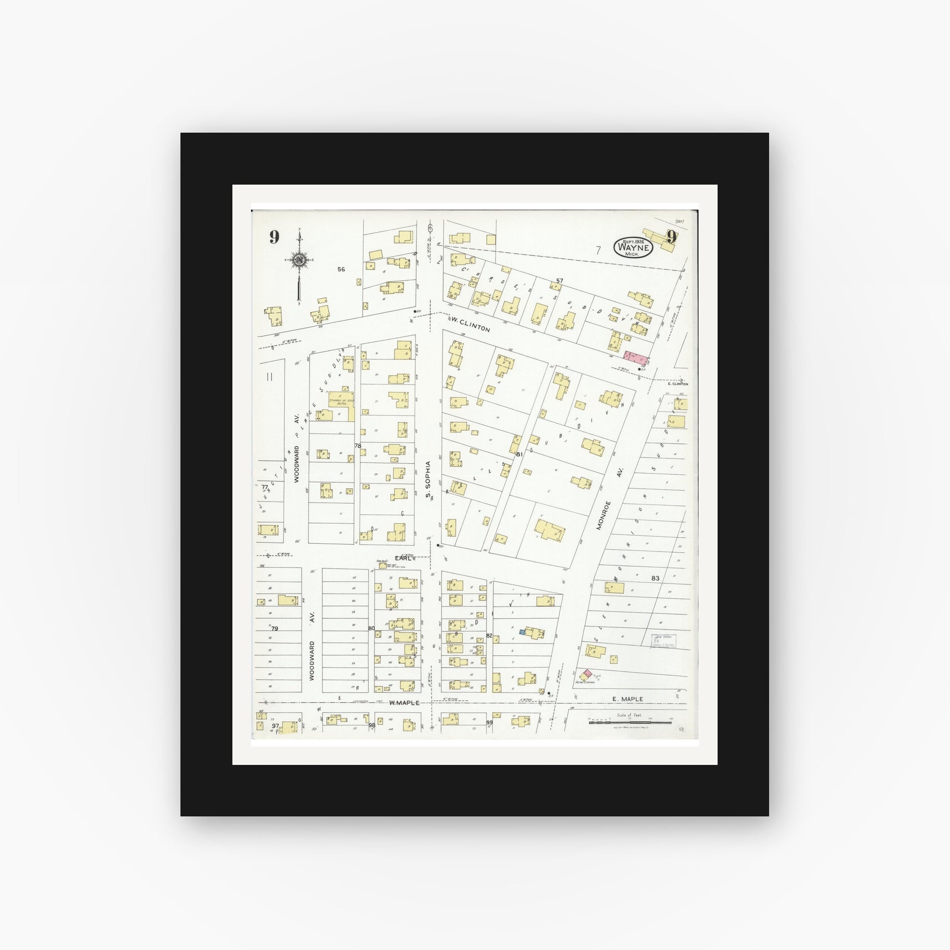 Old map wall art mockup — black gallery frame with white mat — Sanborn Fire Insurance Map from Wayne, Wayne County, Michigan (1926), Sheet #0009