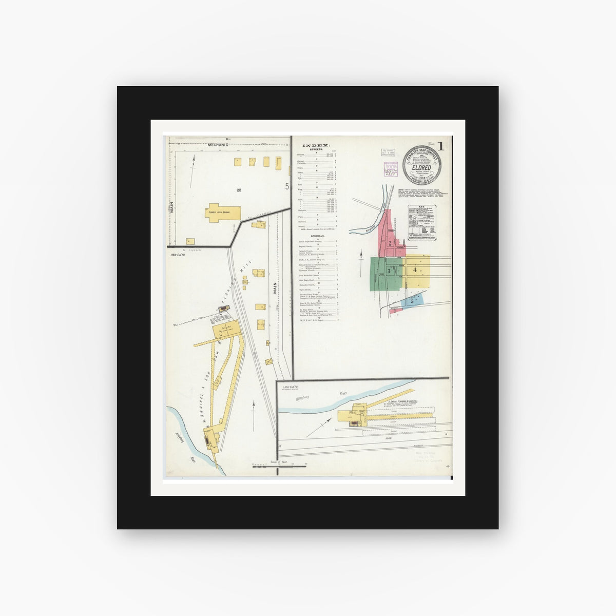 Old map wall art mockup — black gallery frame with white mat — Sanborn Fire Insurance Map from Eldred, McKean County, Pennsylvania (1904), Sheet #0001