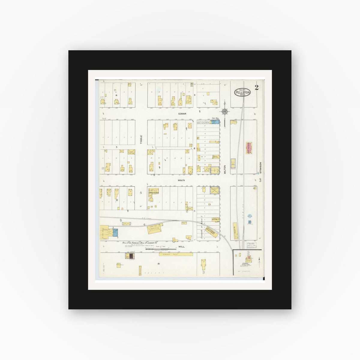 Old map wall art mockup — black gallery frame with white mat — Sanborn Fire Insurance Map from Pellston, Emmet County, Michigan (1917), Sheet #0002