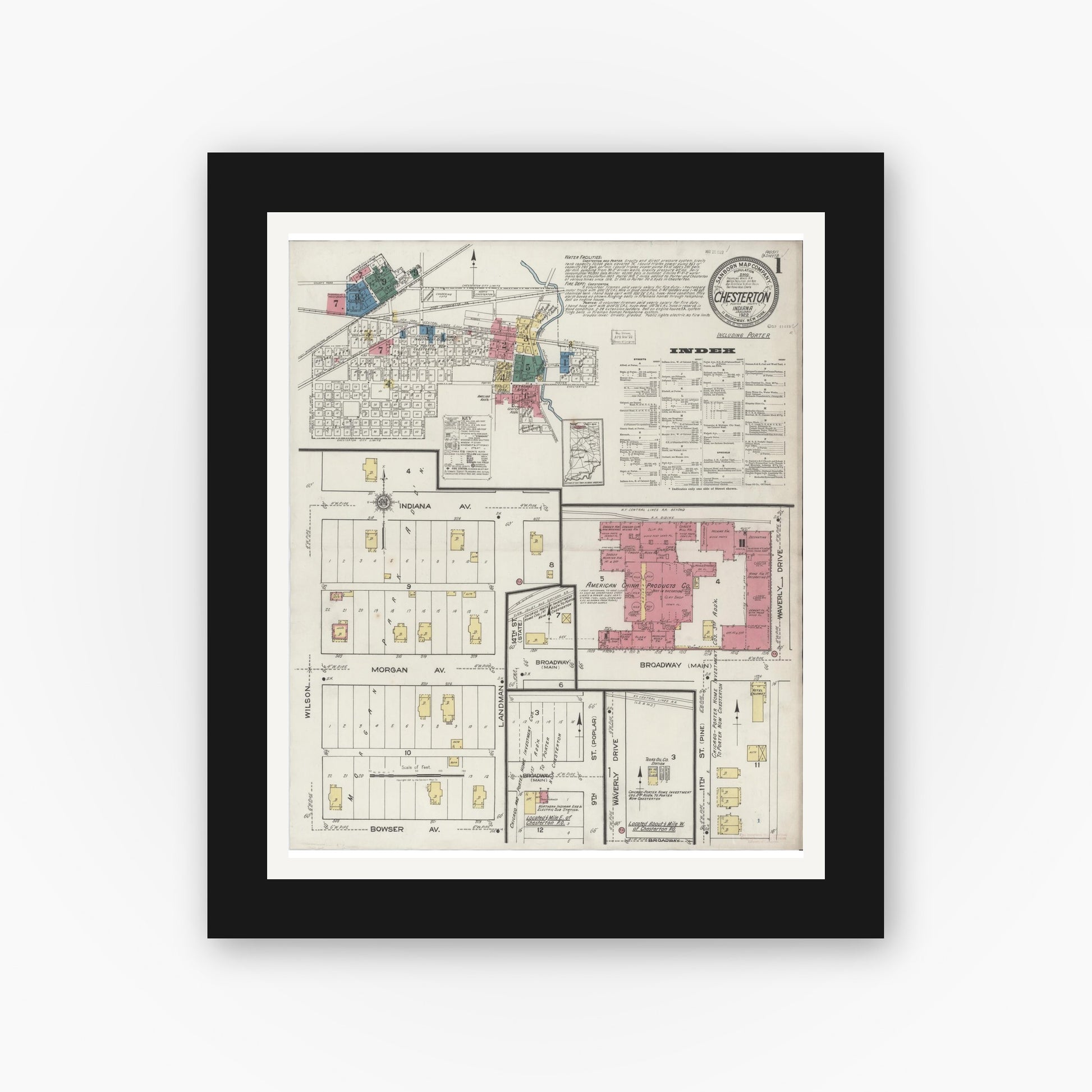 Old map wall art mockup — black gallery frame with white mat — Sanborn Fire Insurance Map from Chesterton, Porter County, Indiana (1922), Sheet #0001