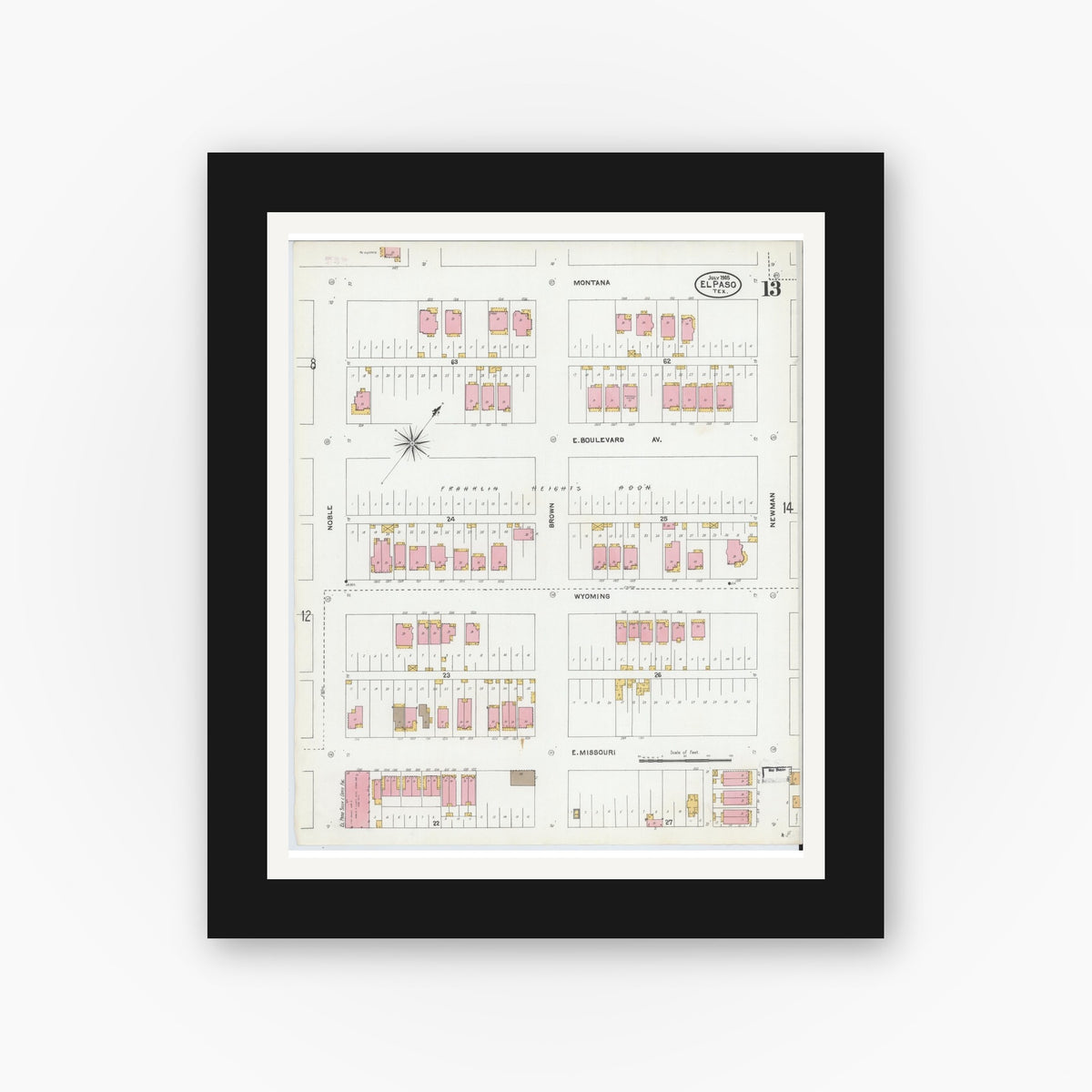 Old map wall art mockup — black gallery frame with white mat — Sanborn Fire Insurance Map from El Paso, El Paso County, Texas (1905), Sheet #0013