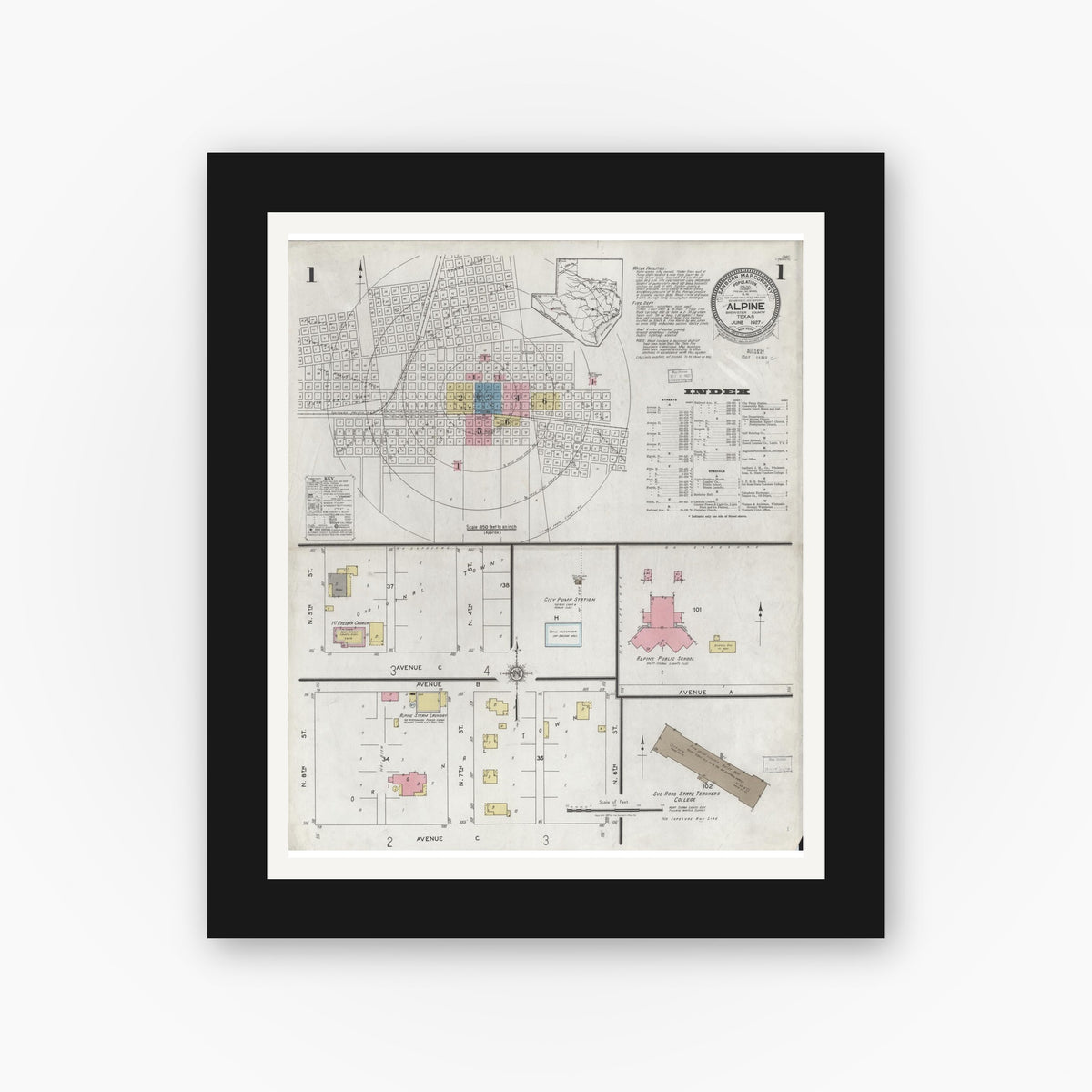 Old map wall art mockup — black gallery frame with white mat — Sanborn Fire Insurance Map from Alpine, Brewster County, Texas (1927) - Complete Map Set
