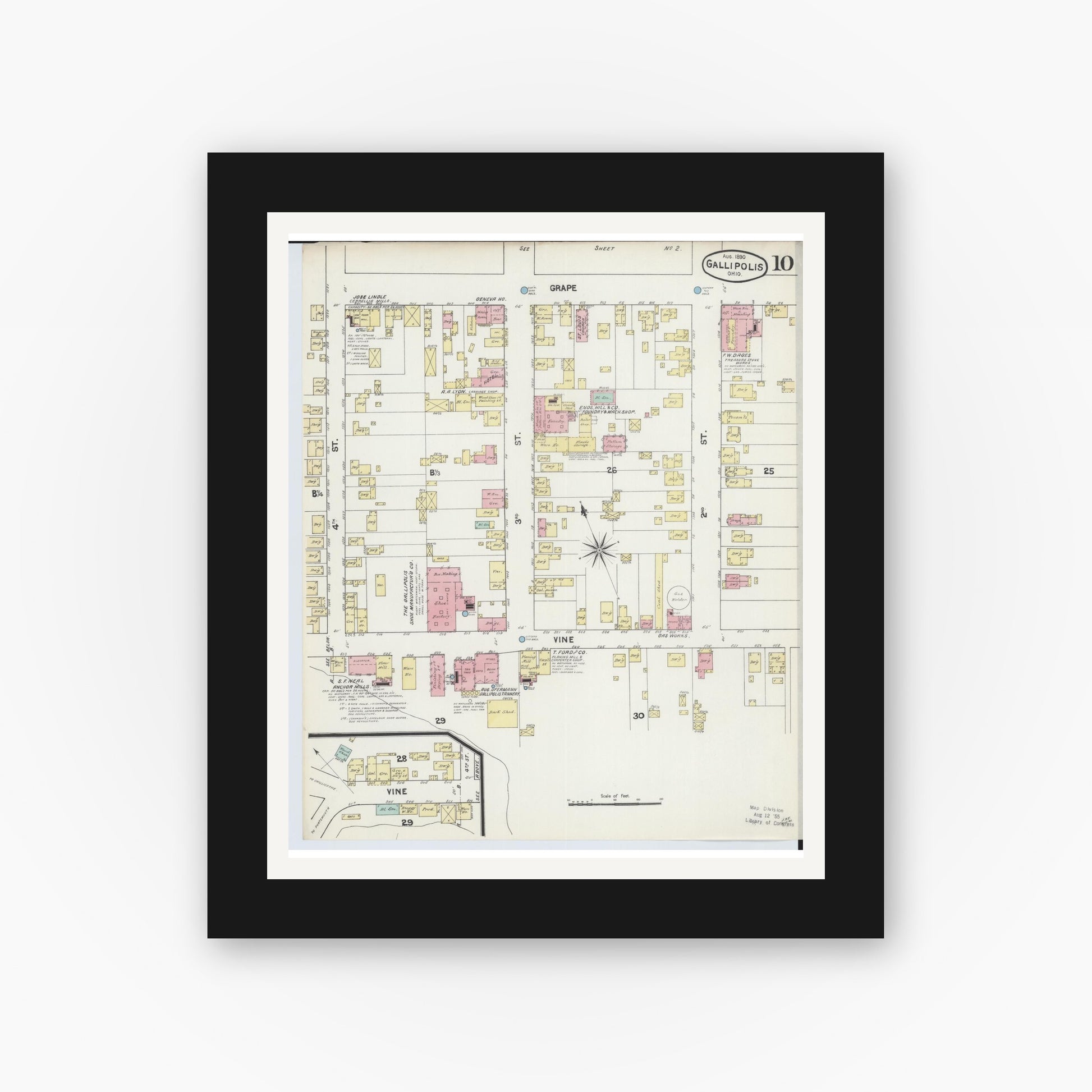 Old map wall art mockup — black gallery frame with white mat — Sanborn Fire Insurance Map from Gallipolis, Gallia County, Ohio (1890), Sheet #0010