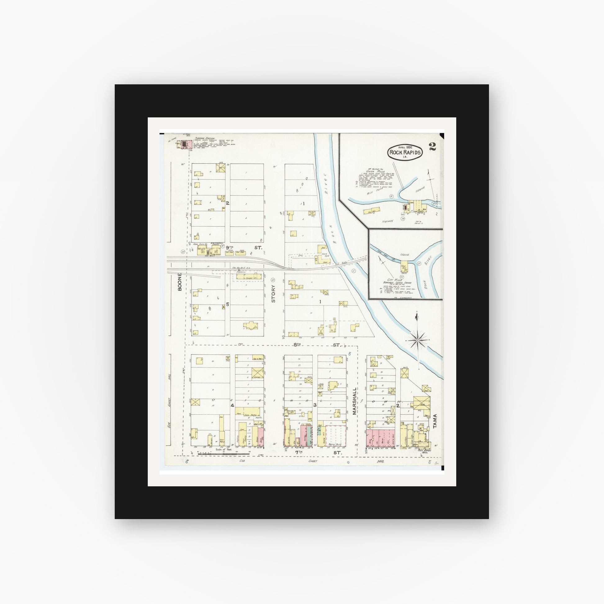 Old map wall art mockup — black gallery frame with white mat — Sanborn Fire Insurance Map from Rock Rapids, Lyon County, Iowa (1892), Sheet #0002