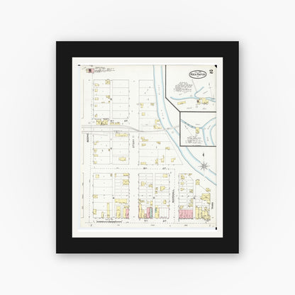 Old map wall art mockup — black gallery frame with white mat — Sanborn Fire Insurance Map from Rock Rapids, Lyon County, Iowa (1892), Sheet #0002