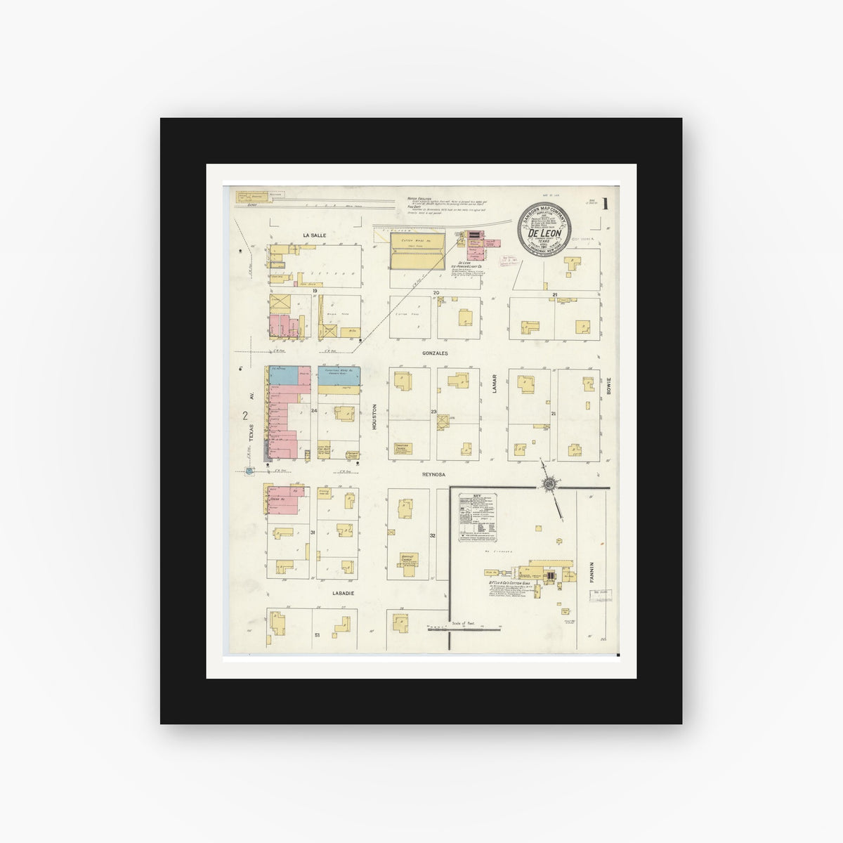 Old map wall art mockup — black gallery frame with white mat — Sanborn Fire Insurance Map from De Leon, Comanche County, Texas (1911) - Complete Map Set