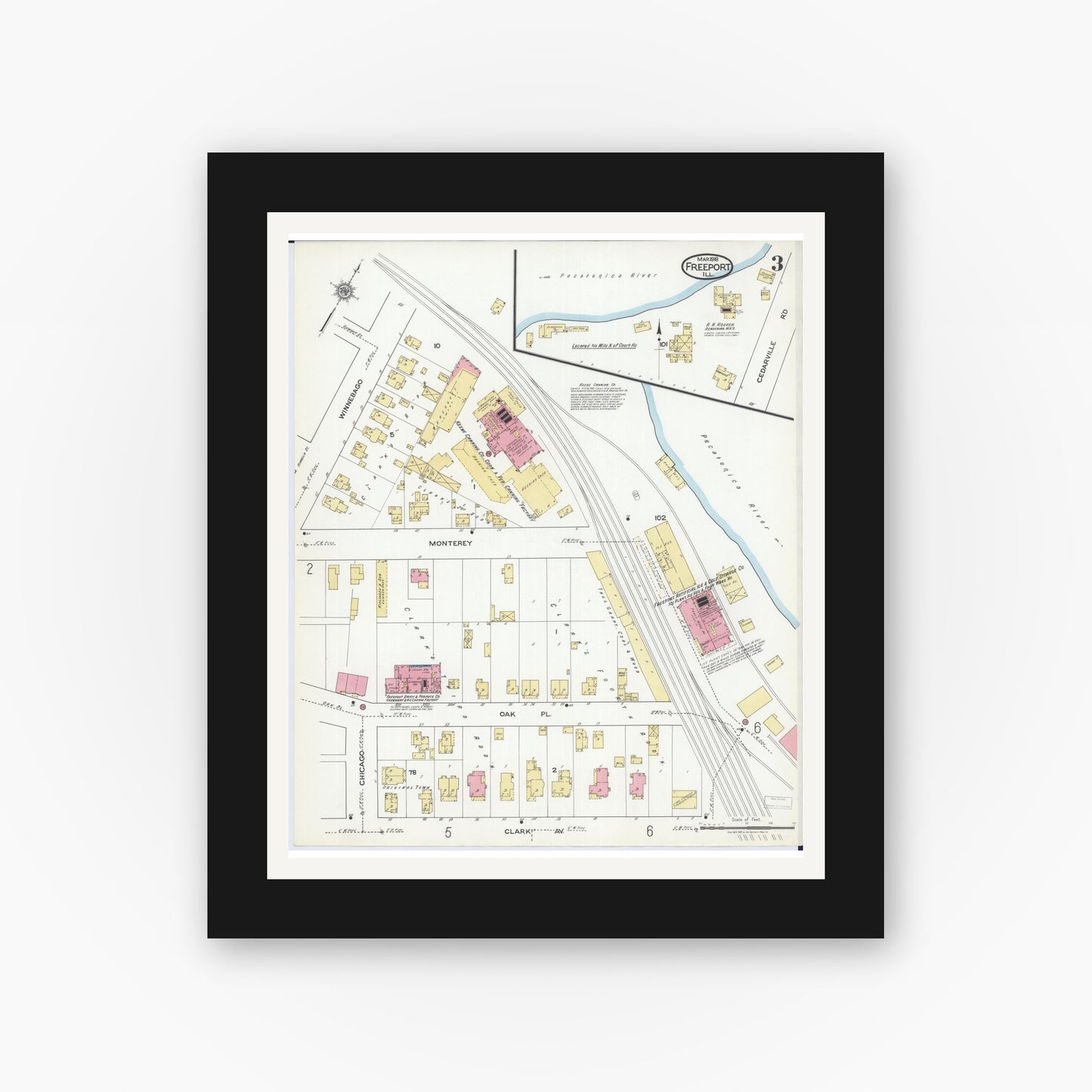 Old map wall art mockup — black gallery frame with white mat — Sanborn Fire Insurance Map from Freeport, Stephenson County, Illinois (1918), Sheet #0003
