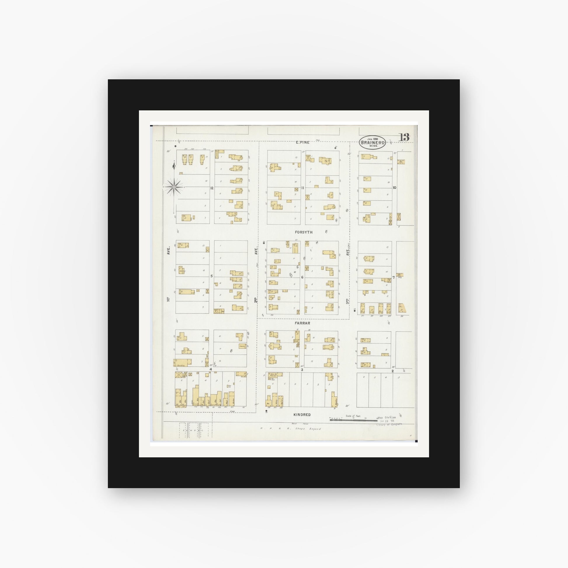 Old map wall art mockup — black gallery frame with white mat — Sanborn Fire Insurance Map from Brainerd, Crow Wing County, Minnesota (1898), Sheet #0013