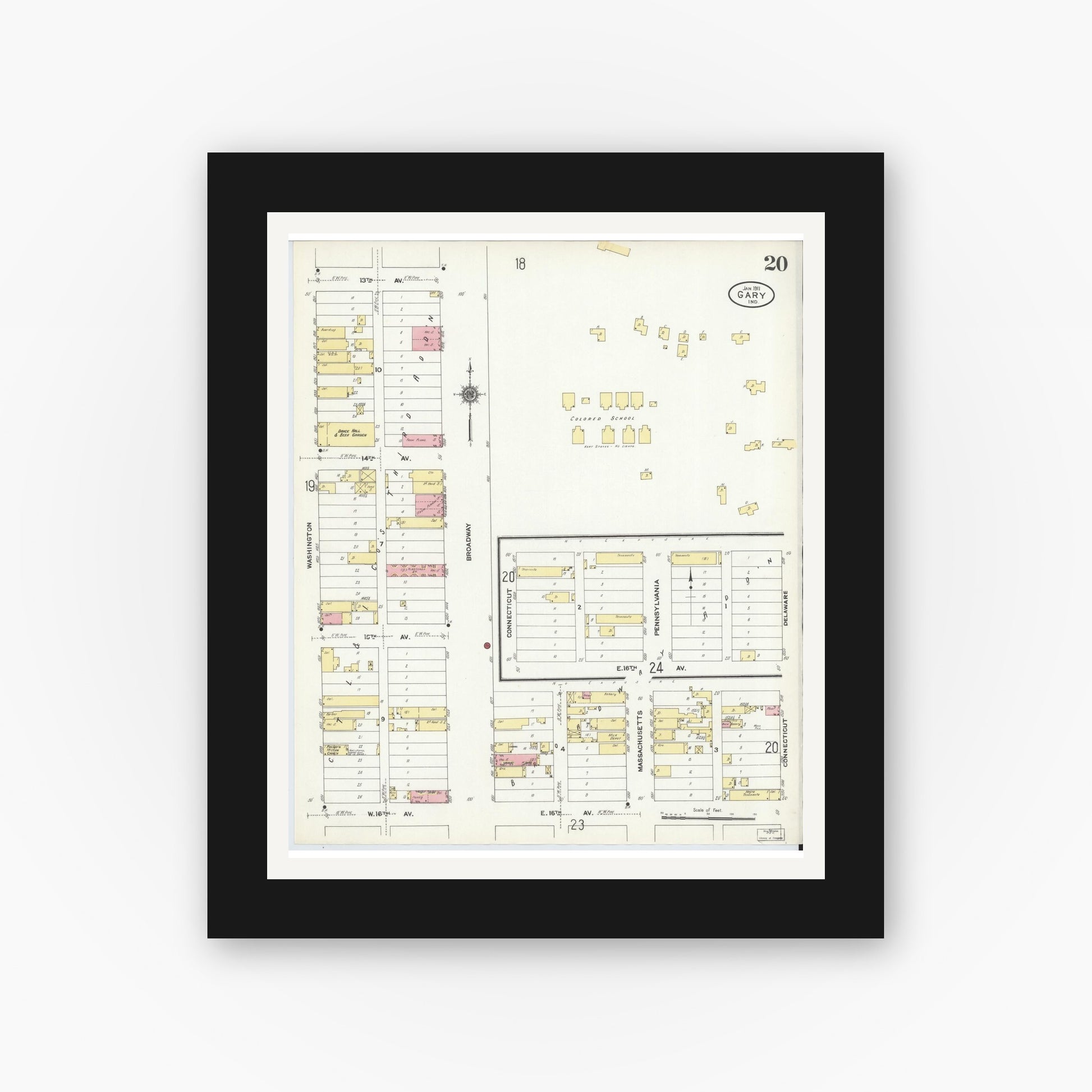 Old map wall art mockup — black gallery frame with white mat — Sanborn Fire Insurance Map from Gary, Lake County, Indiana (1911), Sheet #0020