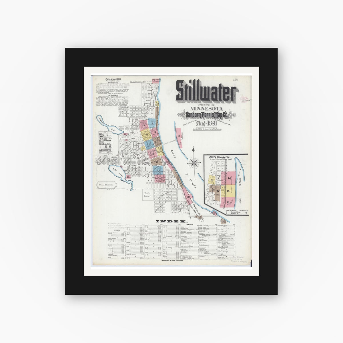 Old map wall art mockup — black gallery frame with white mat — Sanborn Fire Insurance Map from Stillwater, Washington County, Minnesota (1891), Sheet #0001