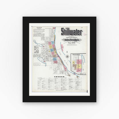 Old map wall art mockup — black gallery frame with white mat — Sanborn Fire Insurance Map from Stillwater, Washington County, Minnesota (1891), Sheet #0001