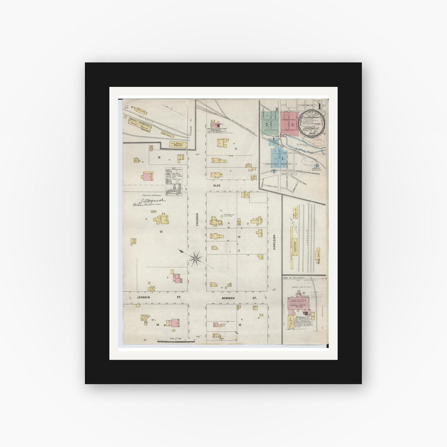 Old map wall art mockup — black gallery frame with white mat — Sanborn Fire Insurance Map from Jonesville, Hillsdale County, Michigan (1897) - Complete Map Set