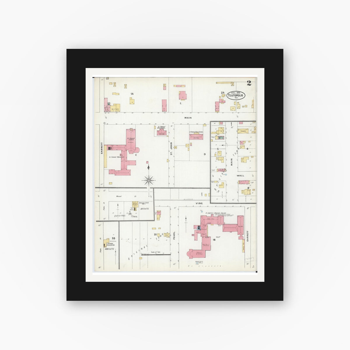 Old map wall art mockup — black gallery frame with white mat — Sanborn Fire Insurance Map from Teutopolis, Effingham County, Illinois (1906), Sheet #0002