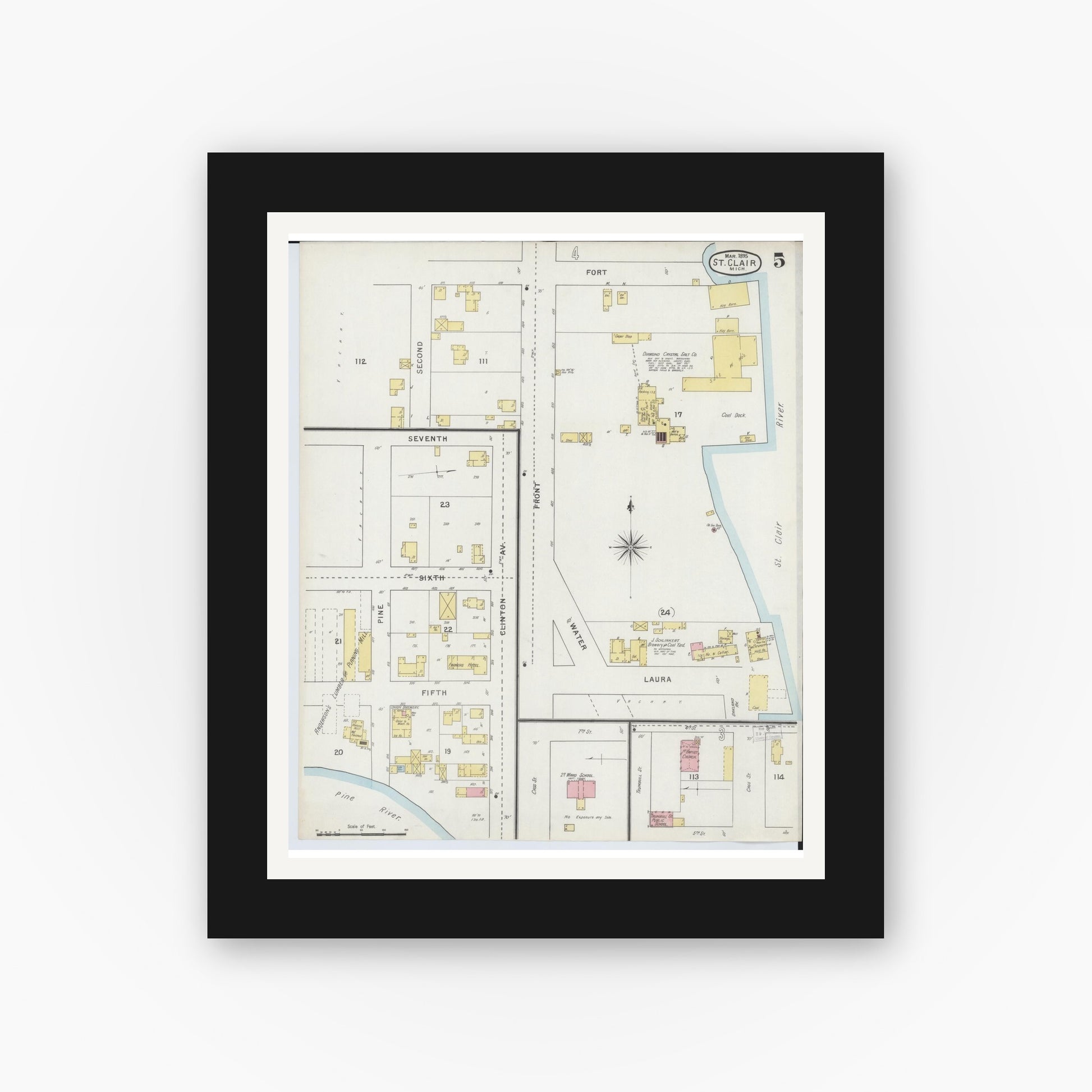 Old map wall art mockup — black gallery frame with white mat — Sanborn Fire Insurance Map from Saint Clair, Saint Clair County, Michigan (1895), Sheet #0005