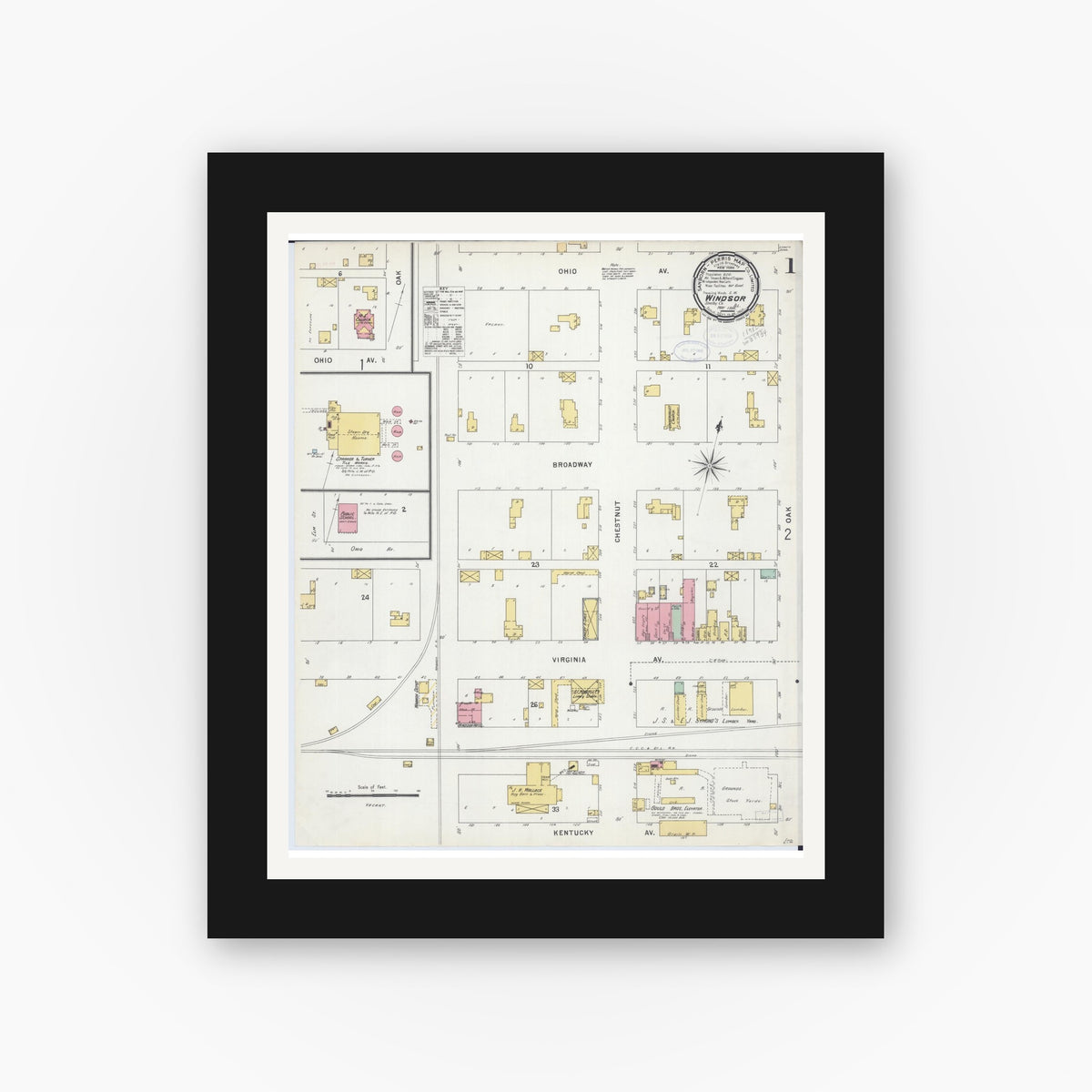 Old map wall art mockup — black gallery frame with white mat — Sanborn Fire Insurance Map from Windsor, Shelby County, Illinois (1898), Sheet #0001