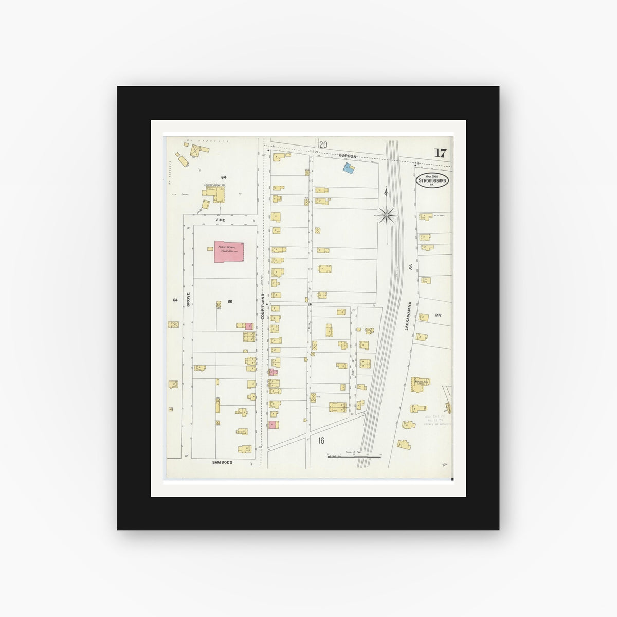 Old map wall art mockup — black gallery frame with white mat — Sanborn Fire Insurance Map from Stroudsburg, Monroe County, Pennsylvania (1905), Sheet #0017