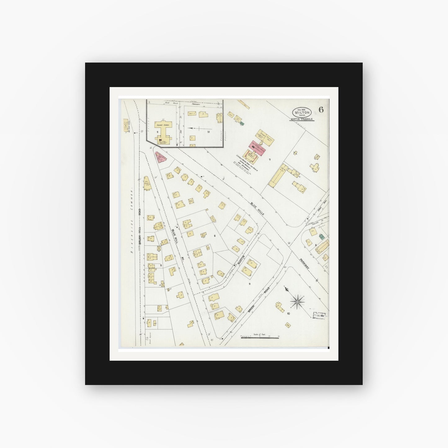 Old map wall art mockup — black gallery frame with white mat — Sanborn Fire Insurance Map from Milton, Norfolk County, Massachusetts (1906), Sheet #0006