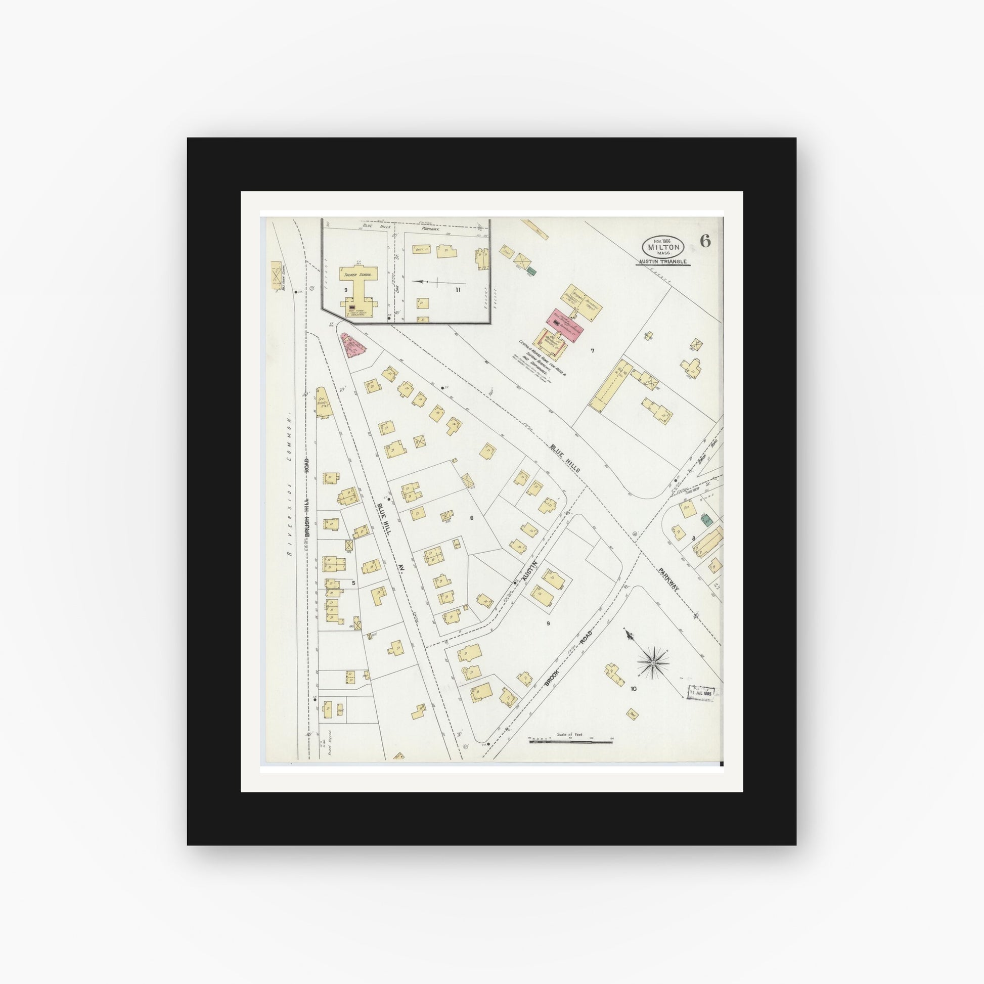 Old map wall art mockup — black gallery frame with white mat — Sanborn Fire Insurance Map from Milton, Norfolk County, Massachusetts (1906), Sheet #0006