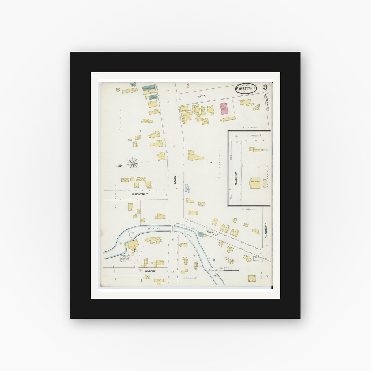 Old map wall art mockup — black gallery frame with white mat — Sanborn Fire Insurance Map from Forestville, Chautauqua County, New York (1893), Sheet #0003