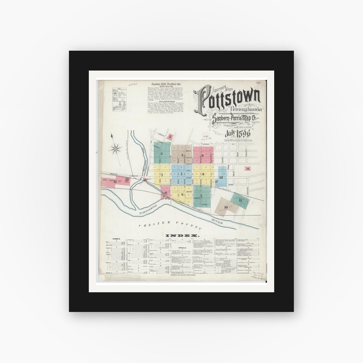 Old map wall art mockup — black gallery frame with white mat — Sanborn Fire Insurance Map from Pottstown, Montgomery County, Pennsylvania (1896), Sheet #0001