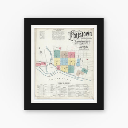 Old map wall art mockup — black gallery frame with white mat — Sanborn Fire Insurance Map from Pottstown, Montgomery County, Pennsylvania (1896), Sheet #0001