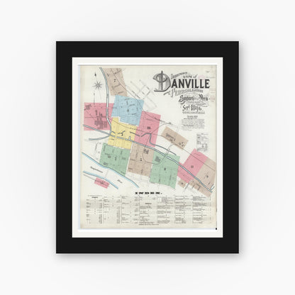 Old map wall art mockup — black gallery frame with white mat — Sanborn Fire Insurance Map from Danville, Montour County, Pennsylvania (1896) - Complete Map Set
