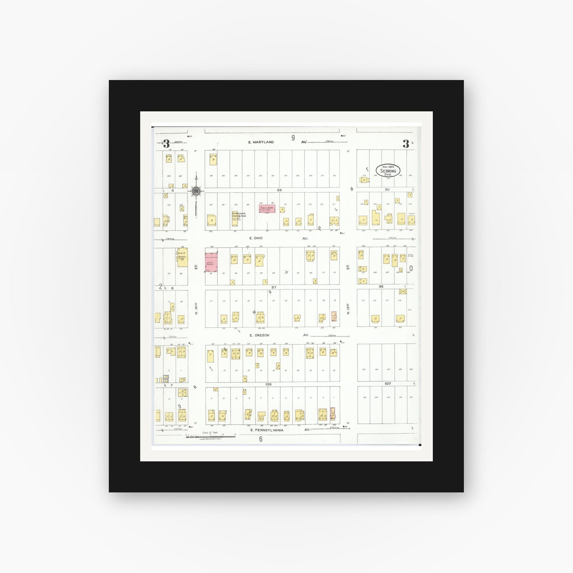 Old map wall art mockup — black gallery frame with white mat — Sanborn Fire Insurance Map from Sebring, Mahoning County, Ohio (1923), Sheet #0003
