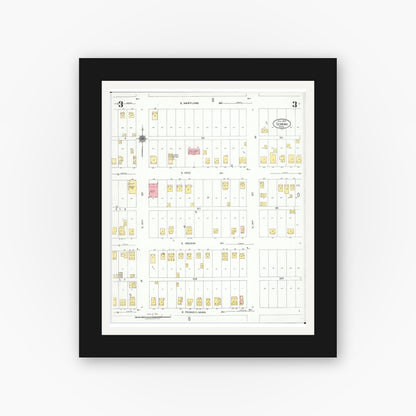Old map wall art mockup — black gallery frame with white mat — Sanborn Fire Insurance Map from Sebring, Mahoning County, Ohio (1923), Sheet #0003