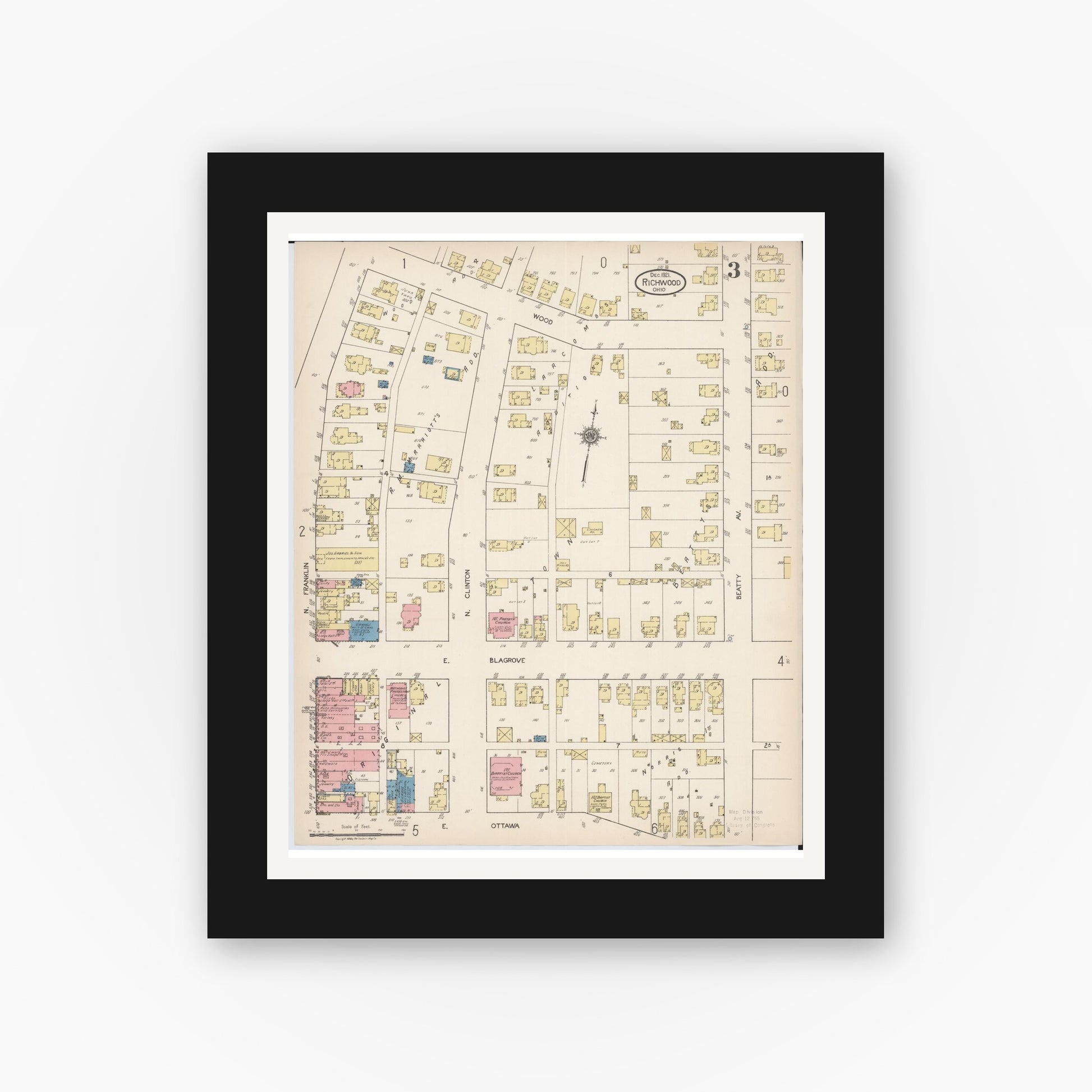 Old map wall art mockup — black gallery frame with white mat — Sanborn Fire Insurance Map from Richwood, Union County, Ohio (1921), Sheet #0003