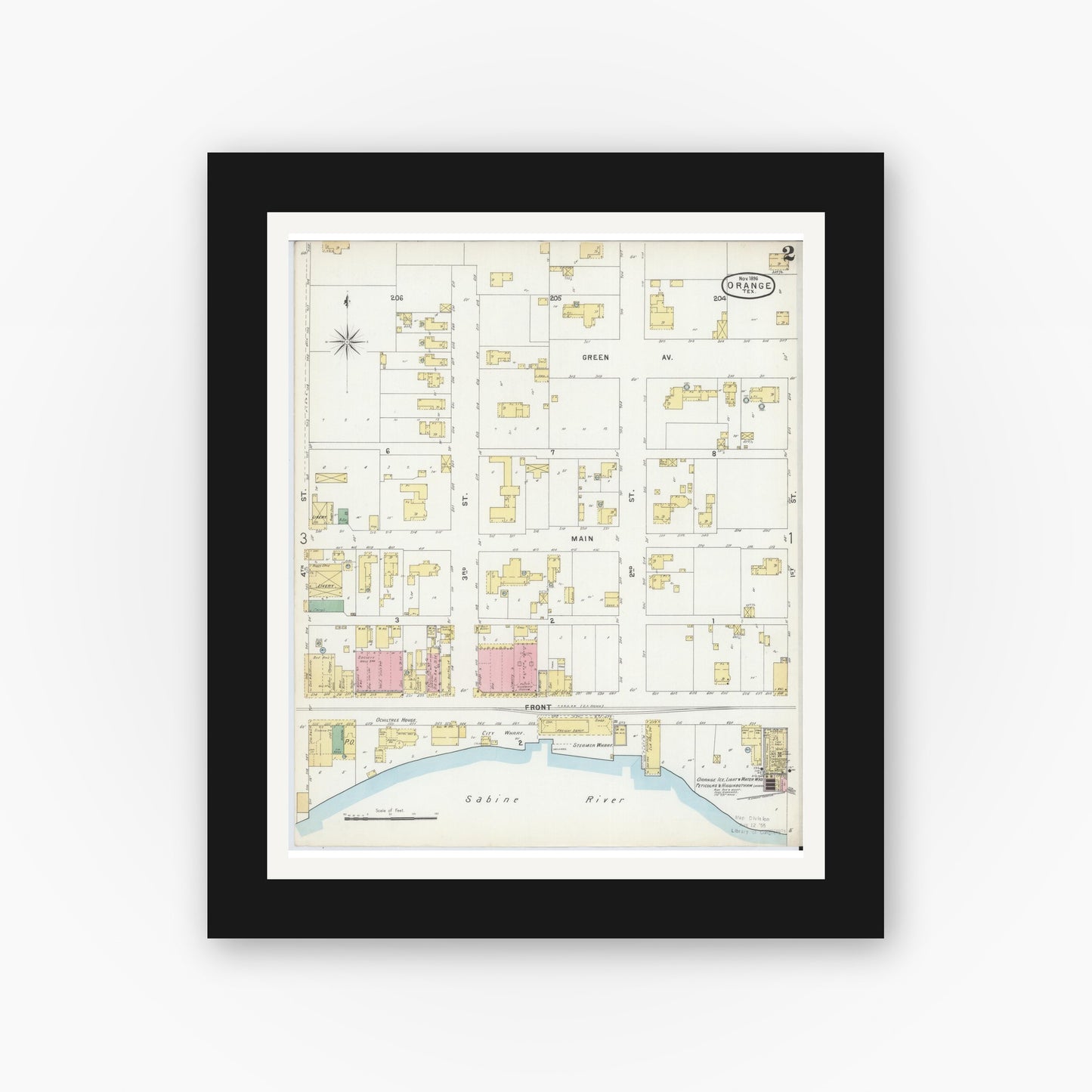 Old map wall art mockup — black gallery frame with white mat — Sanborn Fire Insurance Map from Orange, Orange County, Texas (1896), Sheet #0002