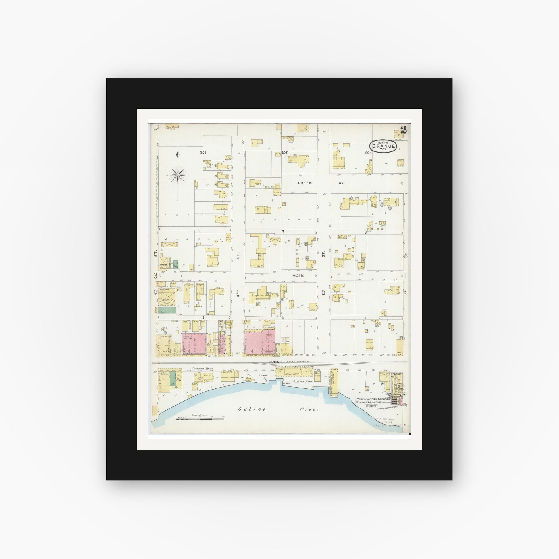 Old map wall art mockup — black gallery frame with white mat — Sanborn Fire Insurance Map from Orange, Orange County, Texas (1896), Sheet #0002
